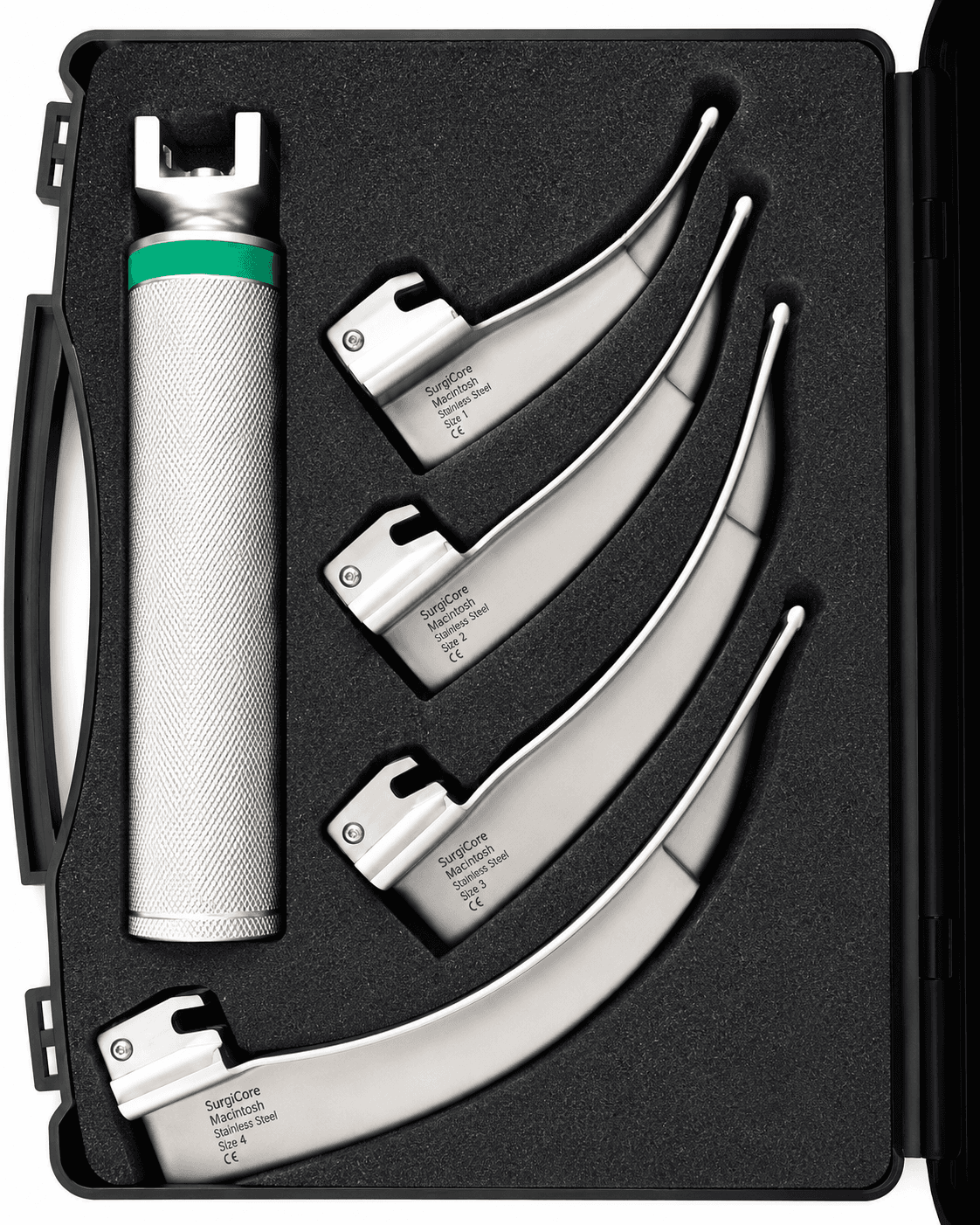 Macintosh Conventional Laryngoscope Set LED 4 Blades with 1 Handle in Case